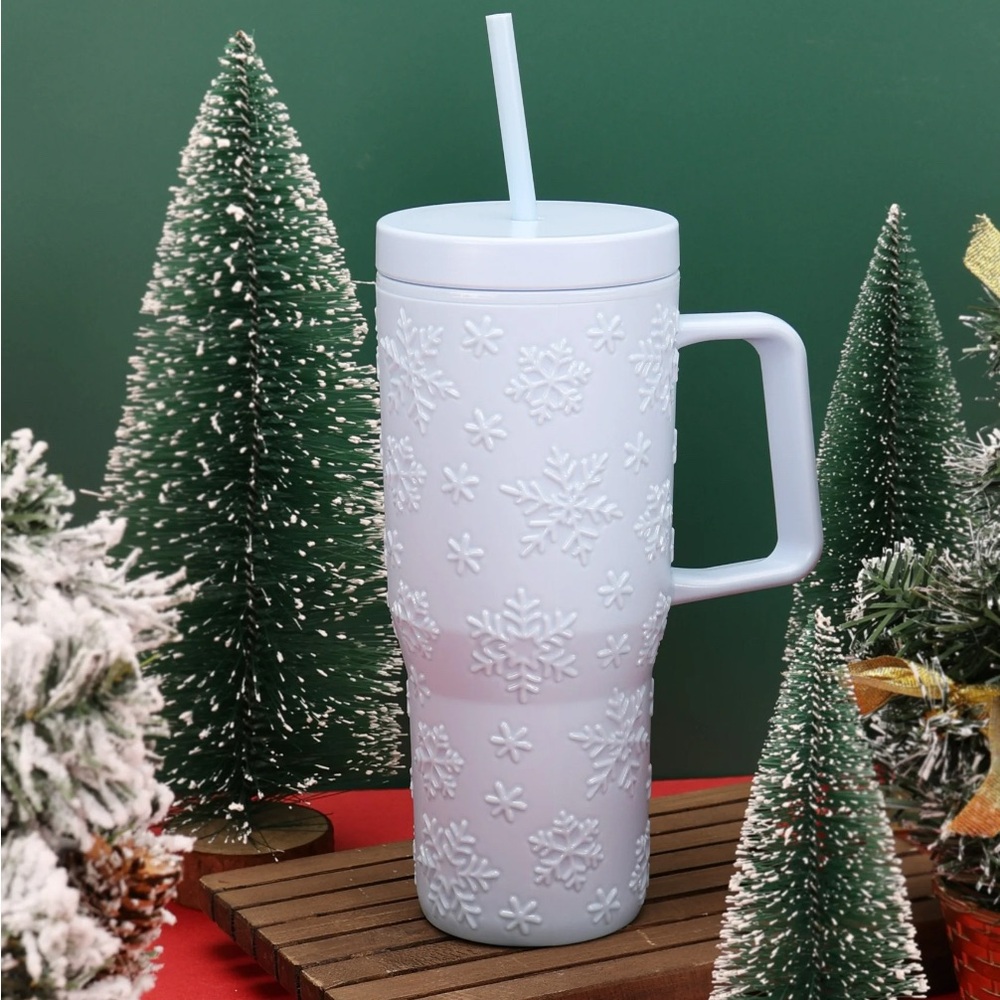 Holiday 30oz Blue Acrylic Embossed Snowflake Tumbler with Straw and handle